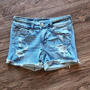 American Eagle Outfitters Blue Midi Distressed Jean Shorts Size 4